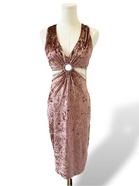 Crushed Velvet Midi Dress with O-Ring Cutout in Taupe
